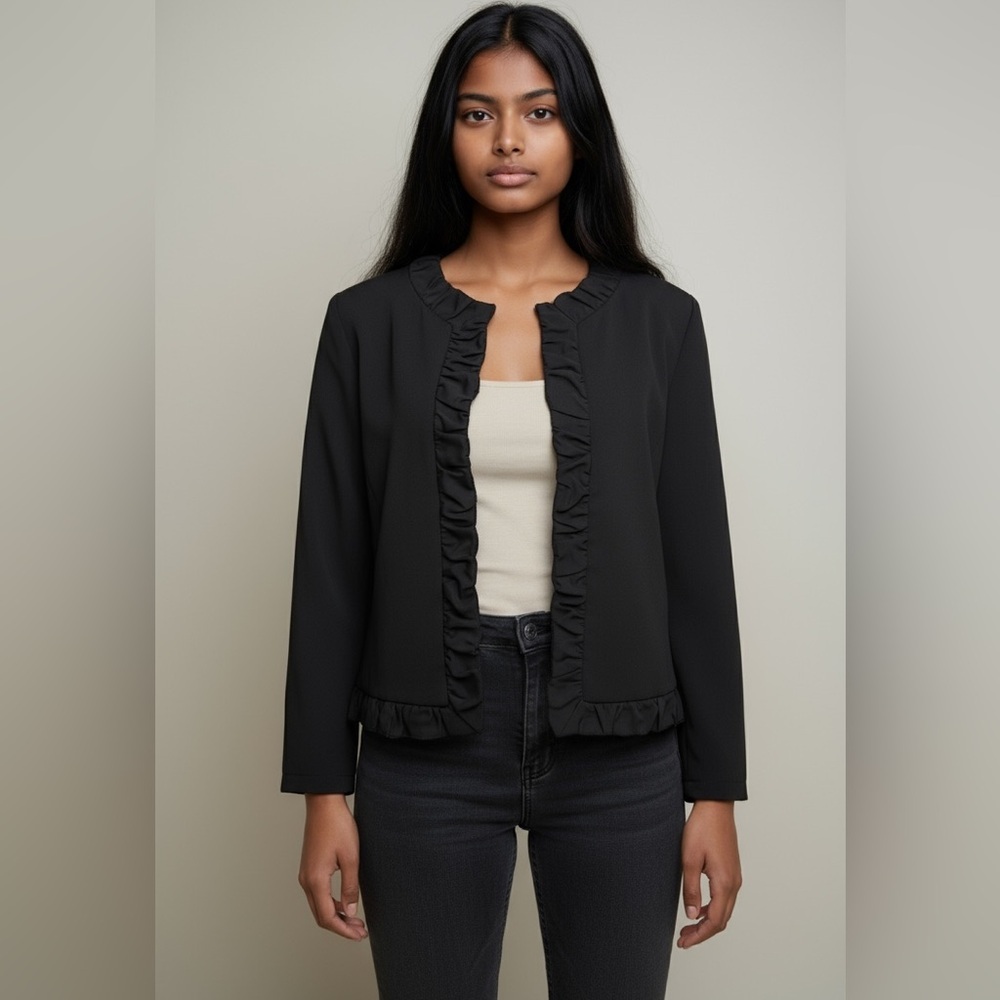 Harve Bernard Black Ruffle Trim Cropped Jacket  Size 14 Plus